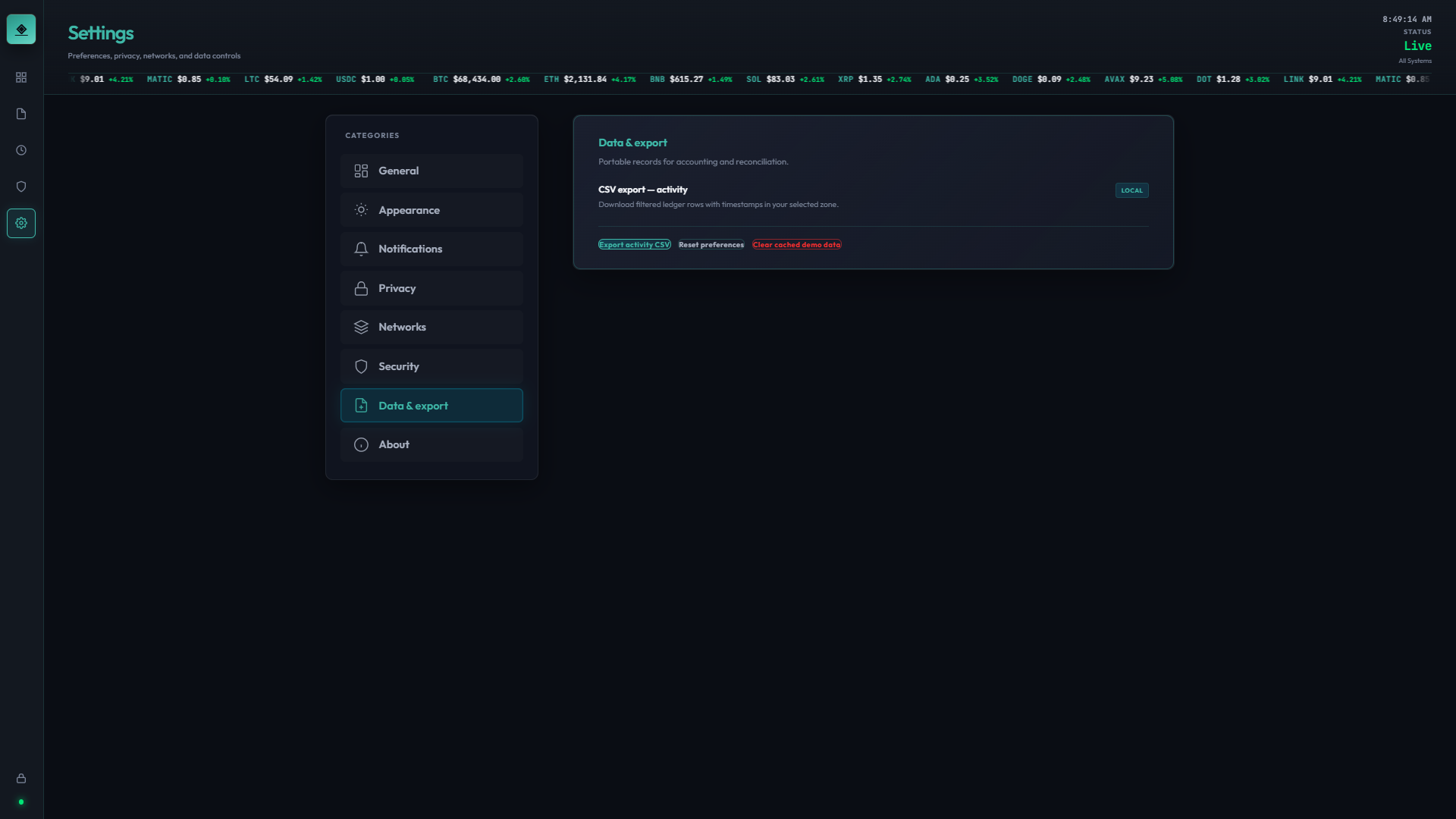 Settings — Data and export